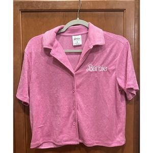 Barbie Womens Pink Terry Button Up top